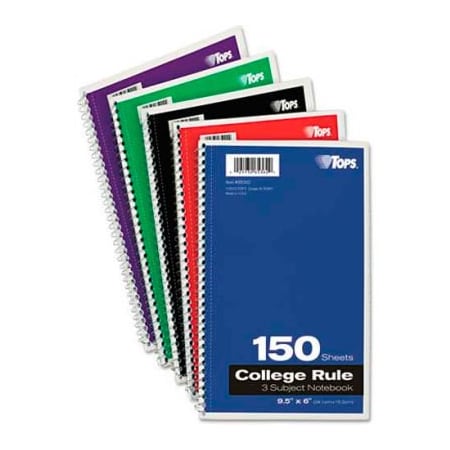 Tops Business Forms Tops Wirebound 3-Subject Notebook, College Rule, 9-1/2 x 6, White, 150 Sheets/Pad 65362